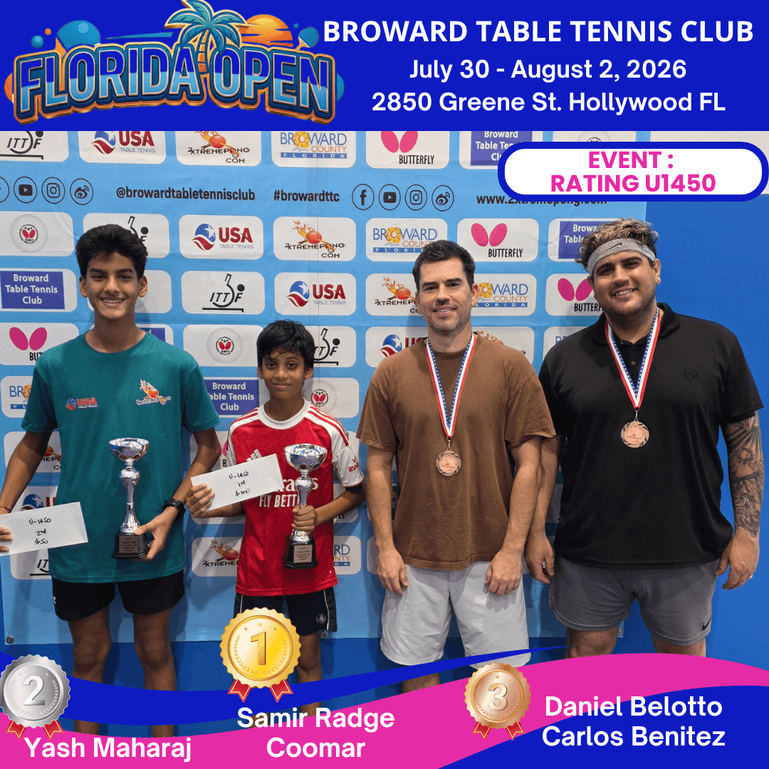 Florida Open Under 1450 winners at Broward Table Tennis Club